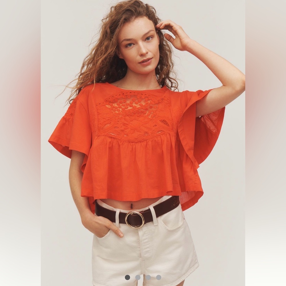 NWT Maeve from Anthropologie Mixed Media Top Blouse Cherry Tomato Sz Small